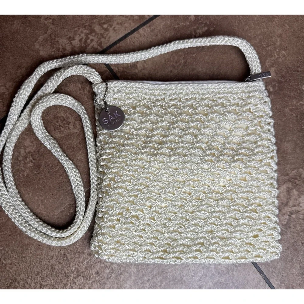 The Sak Ivory Cream Crochet Crossbody Bag Small Boho Purse Logo Charm